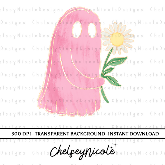 Glitter Ghost with Flower PNG | Glitter Painted Ghost PNG | Girly Ghost Halloween Digital Design