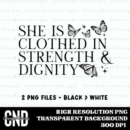 She Is Clothed In Strength And Dignity PNG | Christian PNG | Positive Affirmations PNG | Bible verse png | Vintage Butterfly png, Trending