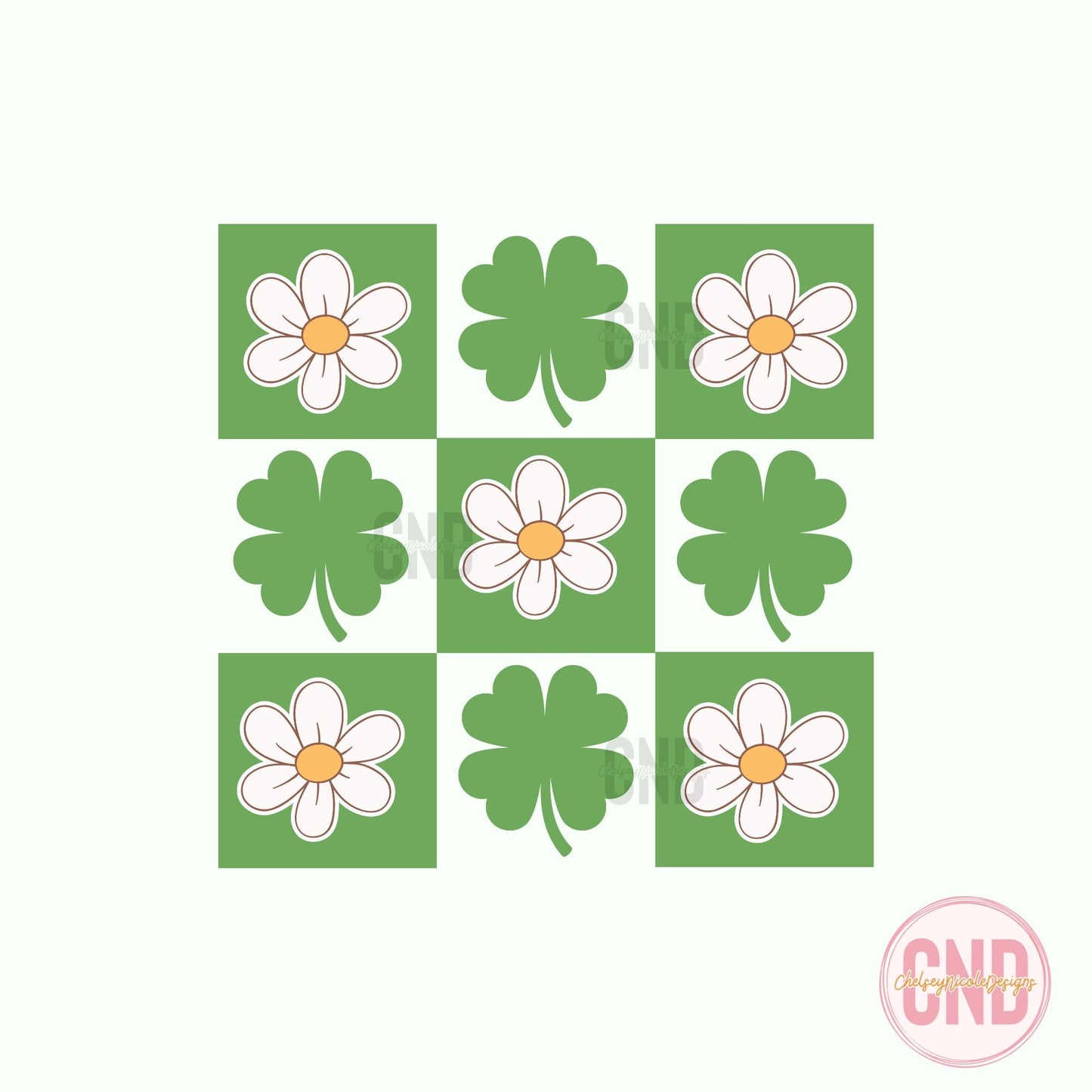 Flower and Clover St Patricks Design, Retro St Patricks PNG, Retro Clover, Retro Flowers, Checkered St Patricks Day png, Simple Design