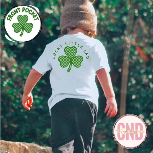 Lucky Little Lad PNG, Checker 4 Leaf Clover PNG, Lucky Little Lad Design, St Patricks boy Design, Trending png, Front pocket design